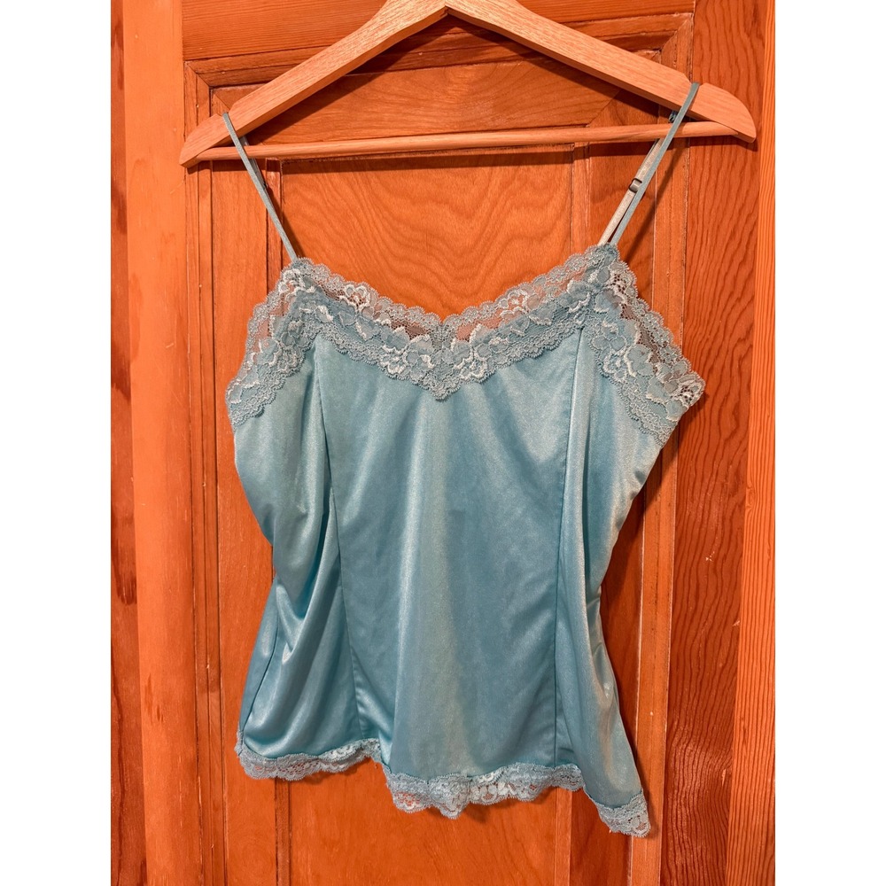 Worthington Y2K Blue Satin Lace Trim Camisole Tank Top with Built-in Bra Small